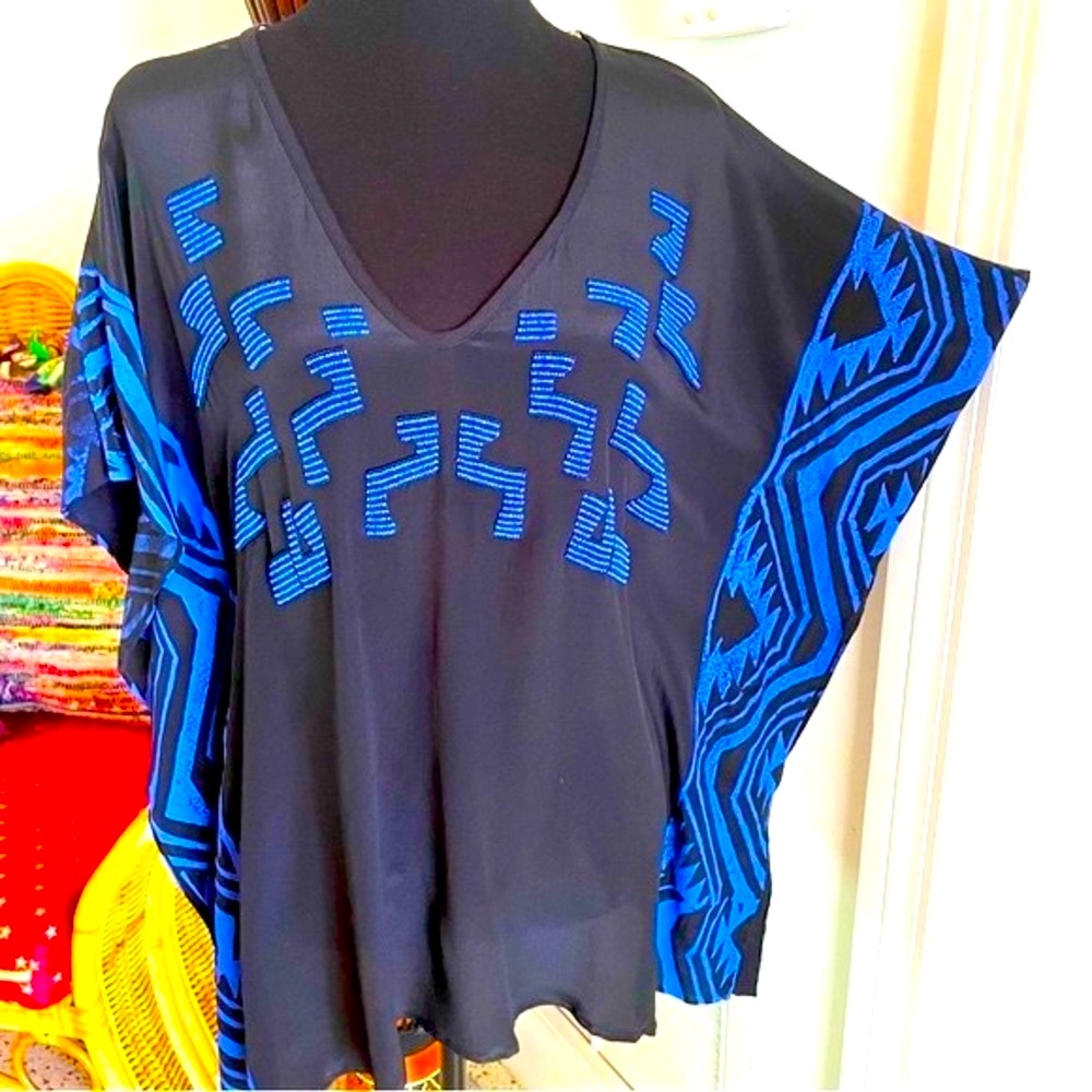 Anthropologie Black Tunic with Bright Blue Geometric Detailing